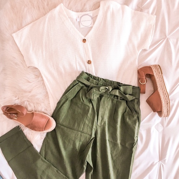 Olive Green Ribbon Straight Pants - Picture 2 of 4